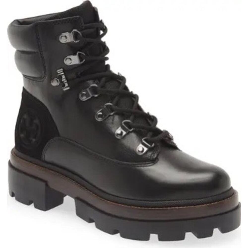 Tory Burch Miller Lug Sole Hiker Lace Up Black Leather Combat Boots Size 6.5M